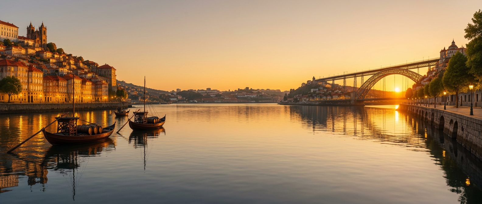Paisagem portuguesa junto ao rio ao pôr do sol